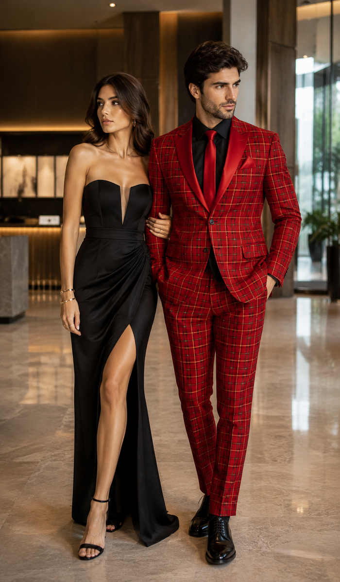 Men's Red Velvet Plaid Blazer with Satin Lapel â€“ Designer Tartan Suit Jacket for Holidays and Events