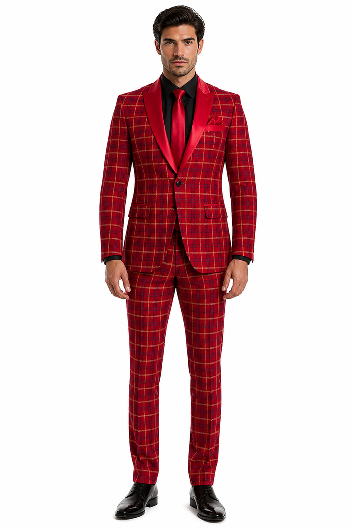Men's Red Velvet Plaid Blazer with Satin Lapel â€“ Designer Tartan Suit Jacket for Holidays and Events