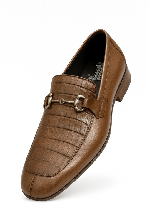 Men's brown slip-on shoes with pointed toe, smooth leather, and crocodile-patterned front. Decorative metal accent. Medium-dark brown with contrasting textures. Durable sole.
