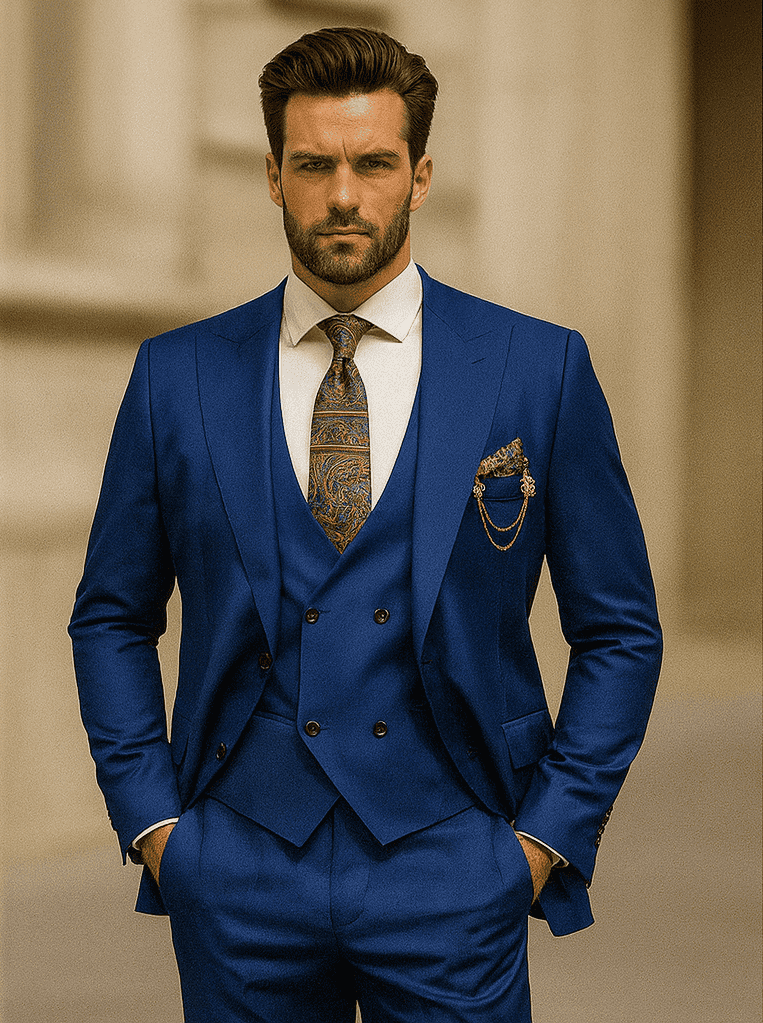 Luxury blue three-piece suit: double-breasted jacket with notched lapels. Paisley tie. Smooth fabric, tailored trousers. Elegant and refined appearance.
