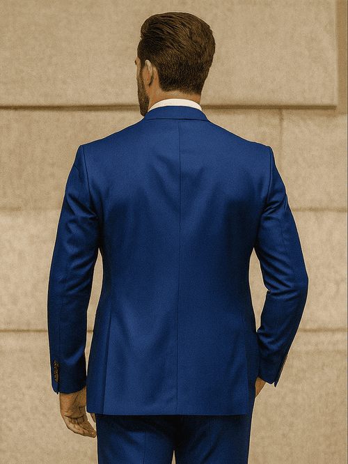 Luxury blue three-piece suit: fitted jacket with smooth texture, structured shoulders, sleek back, and matching trousers.
