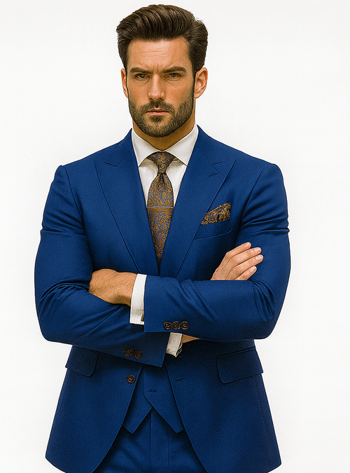 Luxury Blue Three-Piece Suit with Paisley Tie – Elegant Formal Outfit