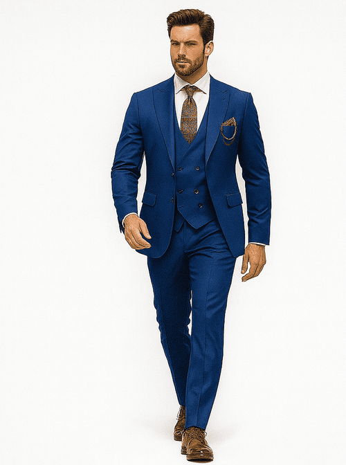Luxury Blue Three-Piece Suit with Paisley Tie – Elegant Formal Outfit