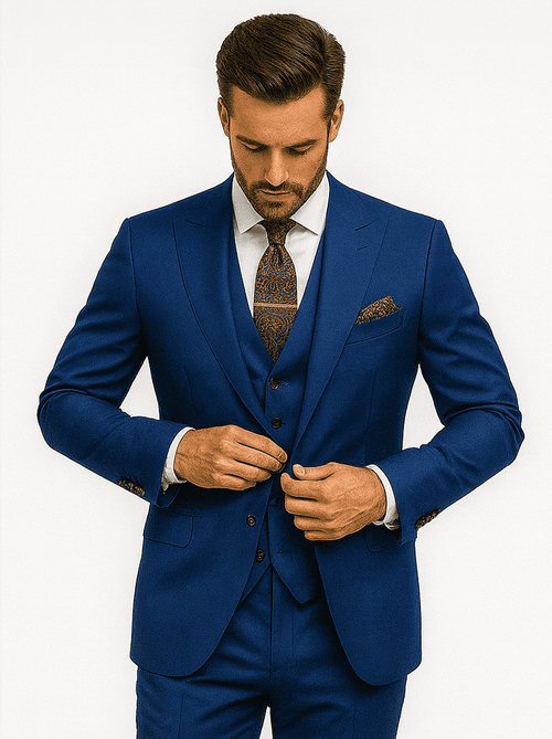 Luxury Blue Three-Piece Suit with Paisley Tie – Elegant Formal Outfit