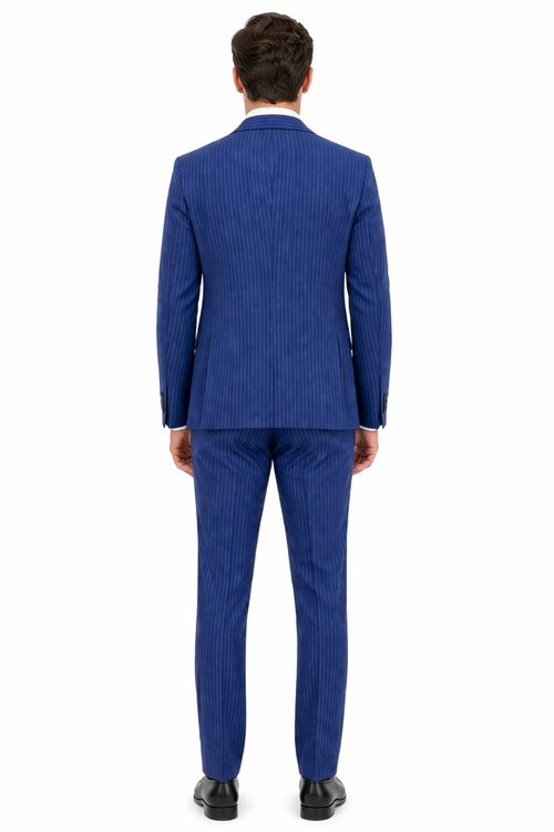 Men’s Royal Blue Pinstripe Three Piece Suit – Classic Formal 3PC Business and Wedding Suit Indigo Teal Saphire Pinstripe