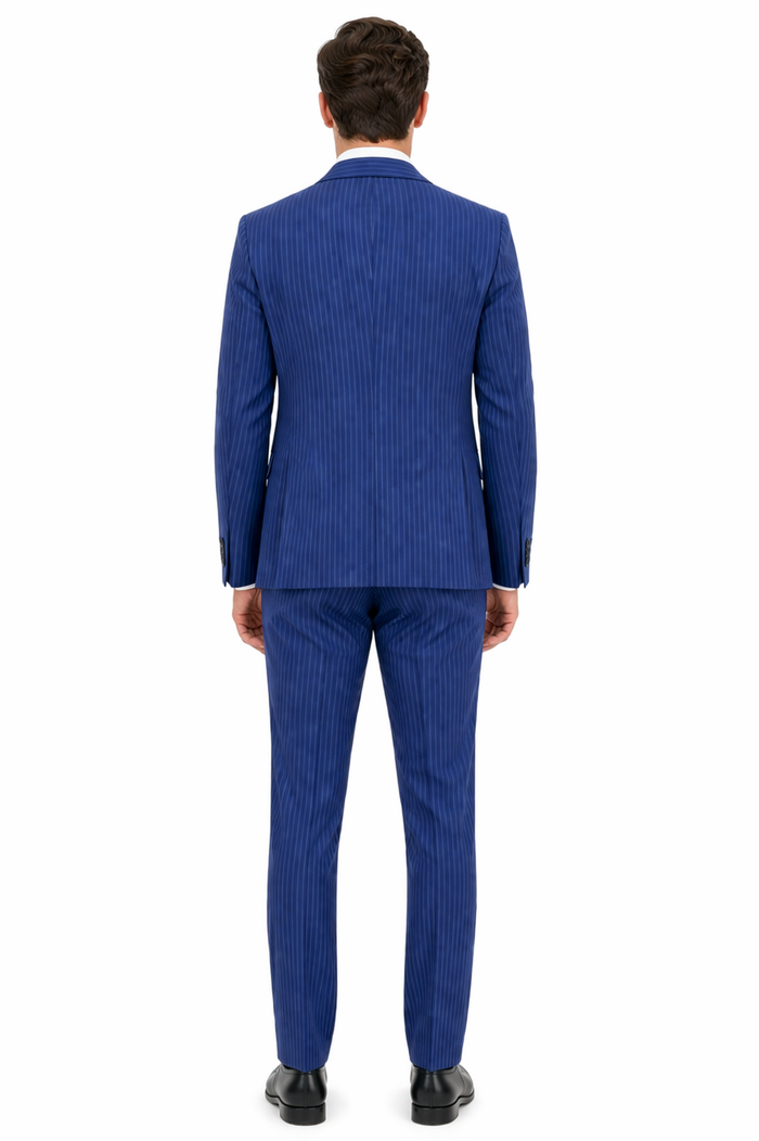 Men’s Royal Blue Pinstripe Three Piece Suit – Classic Formal 3PC Business and Wedding Suit Indigo Teal Saphire Pinstripe