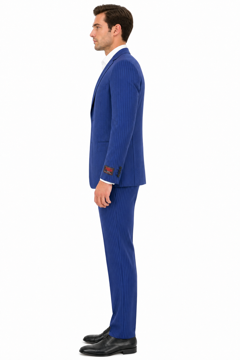 Men’s Royal Blue Pinstripe Three Piece Suit – Classic Formal 3PC Business and Wedding Suit Indigo Teal Saphire Pinstripe