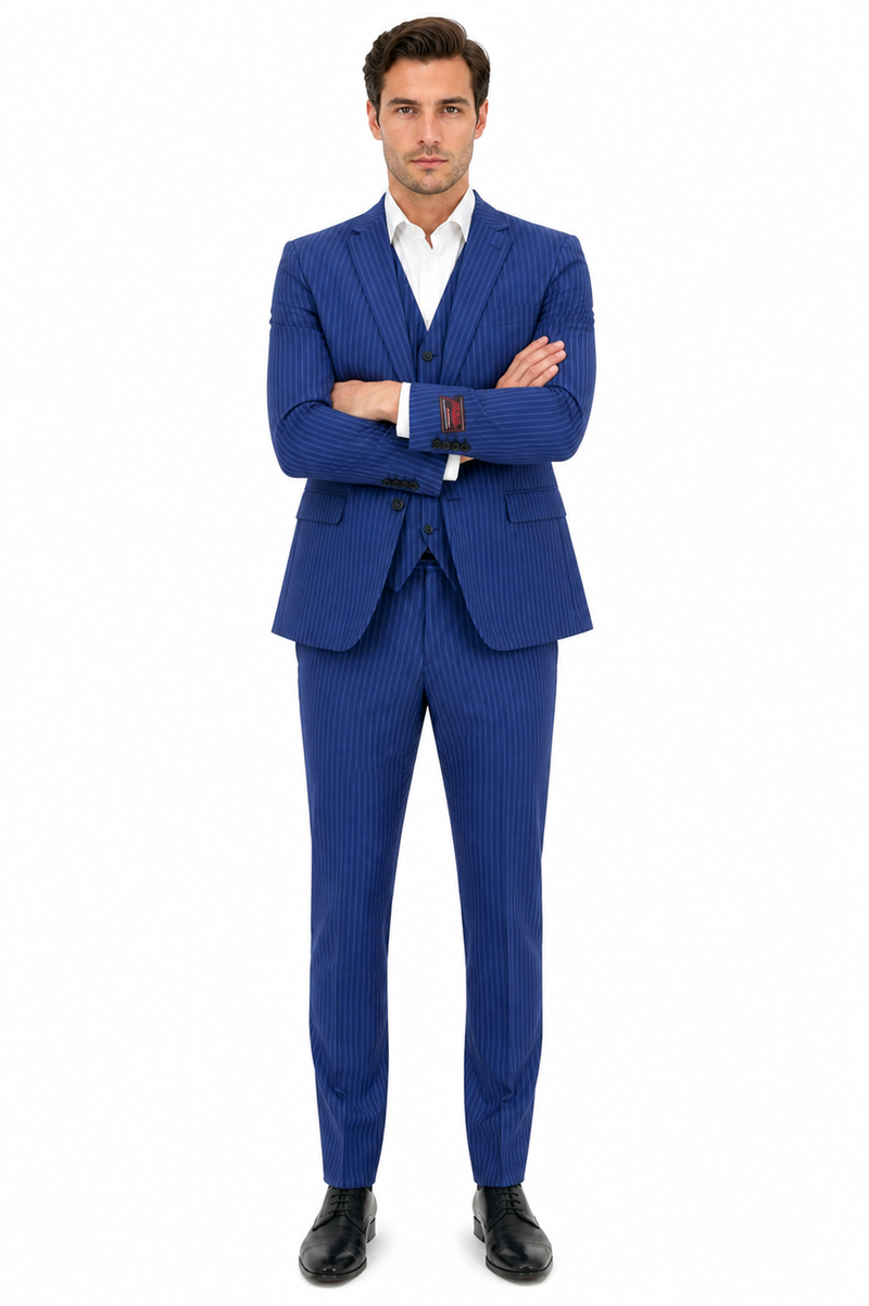 Men’s Royal Blue Pinstripe Three Piece Suit – Classic Formal 3PC Business and Wedding Suit Indigo Teal Saphire Pinstripe
