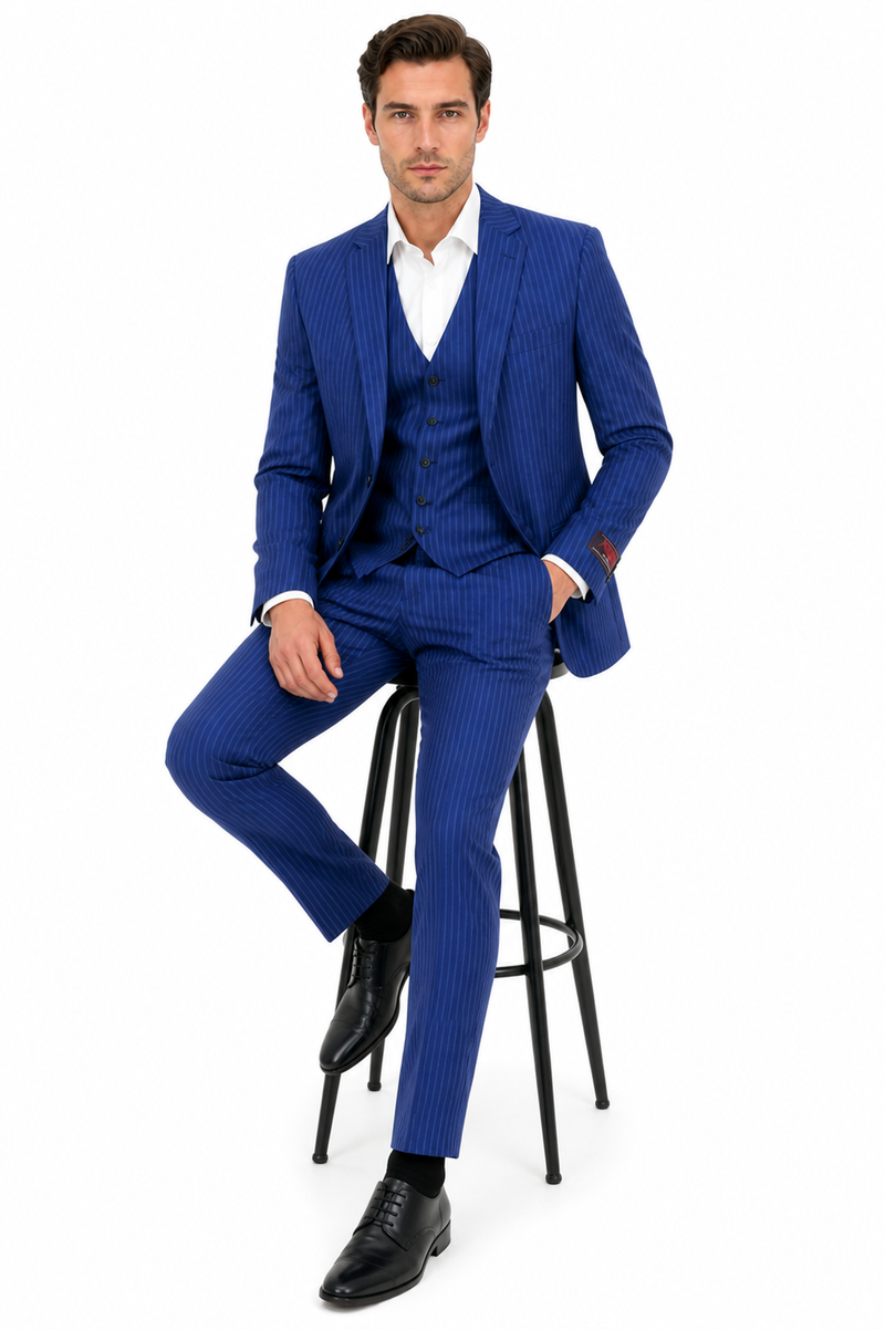 Men’s Royal Blue Pinstripe Three Piece Suit – Classic Formal 3PC Business and Wedding Suit Indigo Teal Saphire Pinstripe