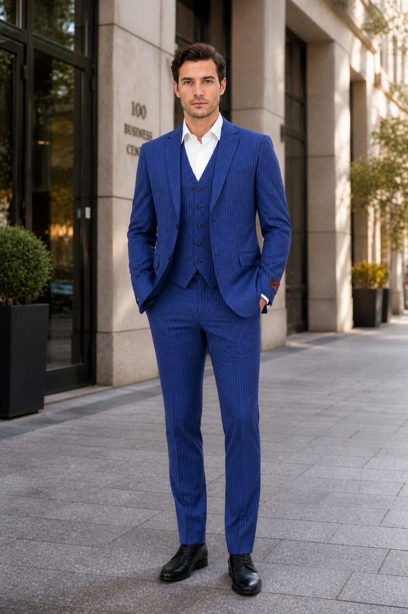Men’s Royal Blue Pinstripe Three Piece Suit – Classic Formal 3PC Business and Wedding Suit Indigo Teal Saphire Pinstripe