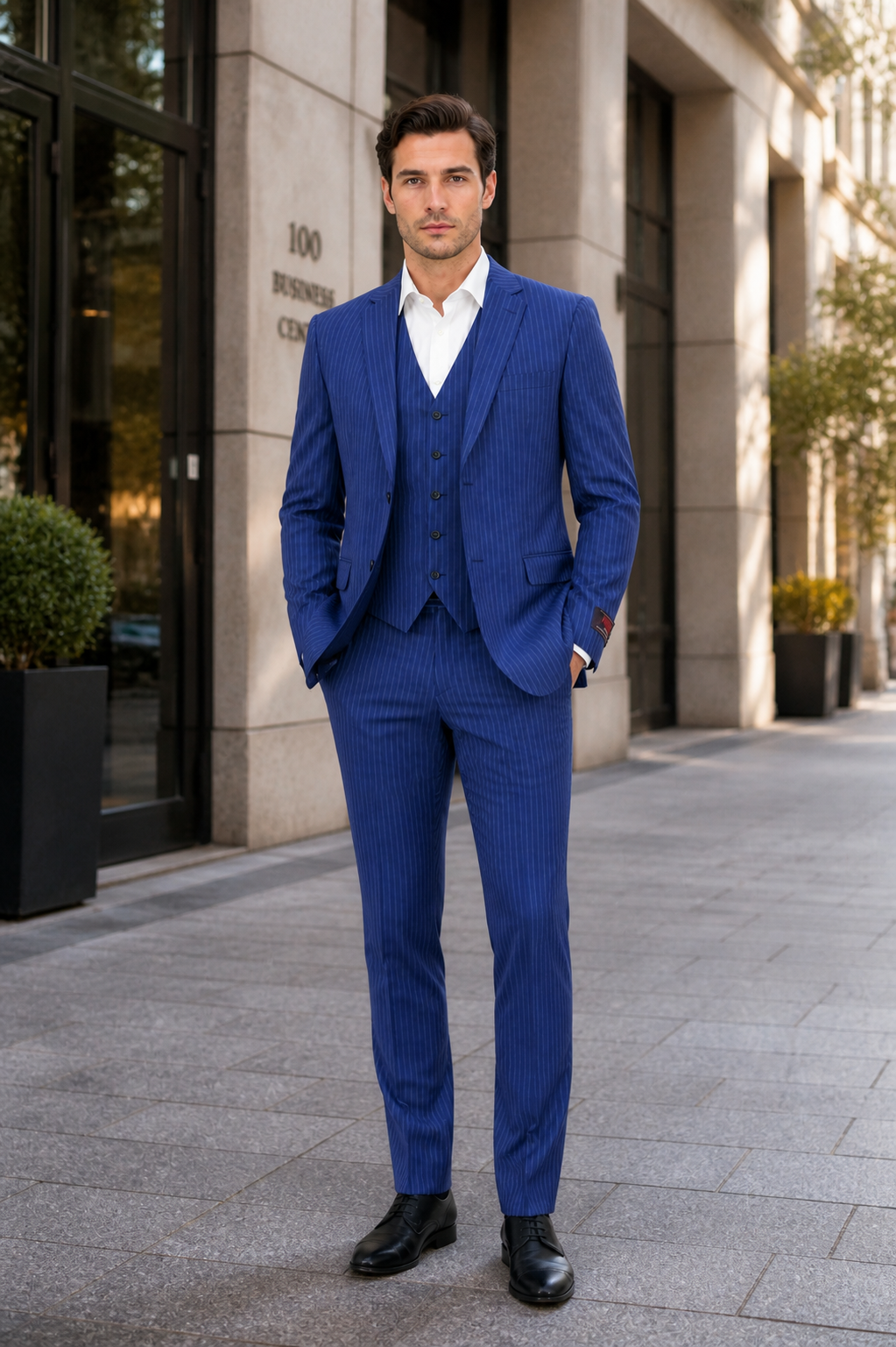Men’s Royal Blue Pinstripe Three Piece Suit – Classic Formal 3PC Business and Wedding Suit Indigo Teal Saphire Pinstripe