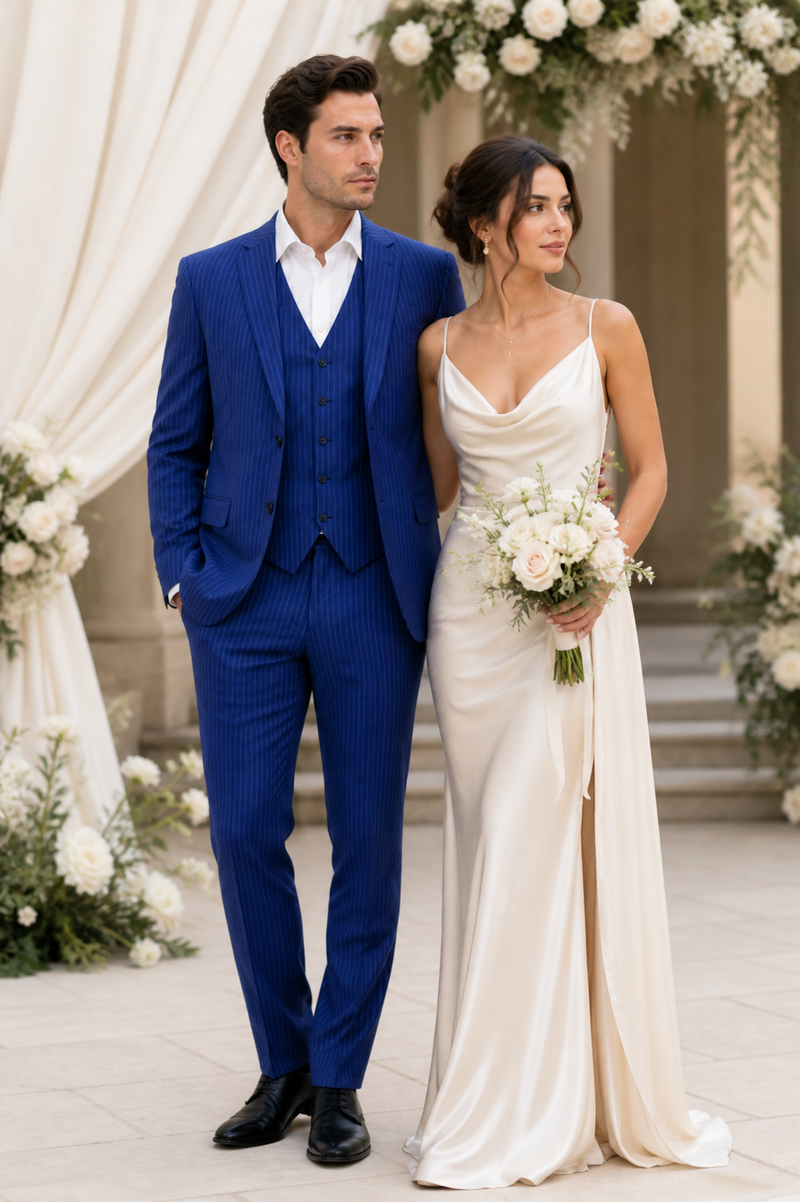 Men’s Royal Blue Pinstripe Three Piece Suit – Classic Formal 3PC Business and Wedding Suit Indigo Teal Saphire Pinstripe