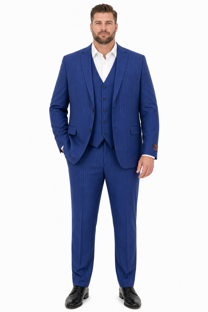 Men’s Royal Blue Pinstripe Three Piece Suit – Classic Formal 3PC Business and Wedding Suit Indigo Teal Saphire Pinstripe