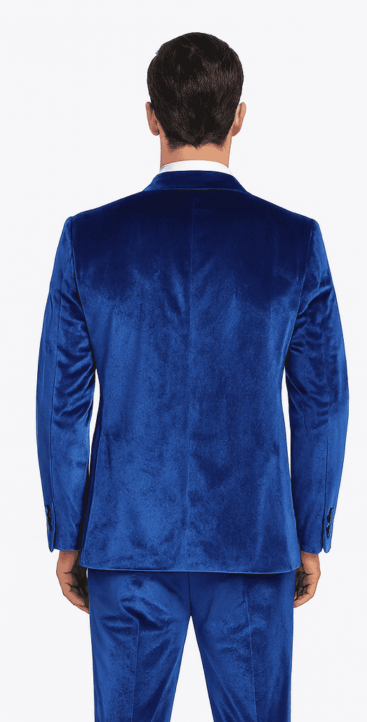 Royal blue velvet men's 2-piece suit. Slim fit, tailored design with a classic blazer and matching trousers. Features textured, smooth velvet fabric. Perfect for formal occasions.