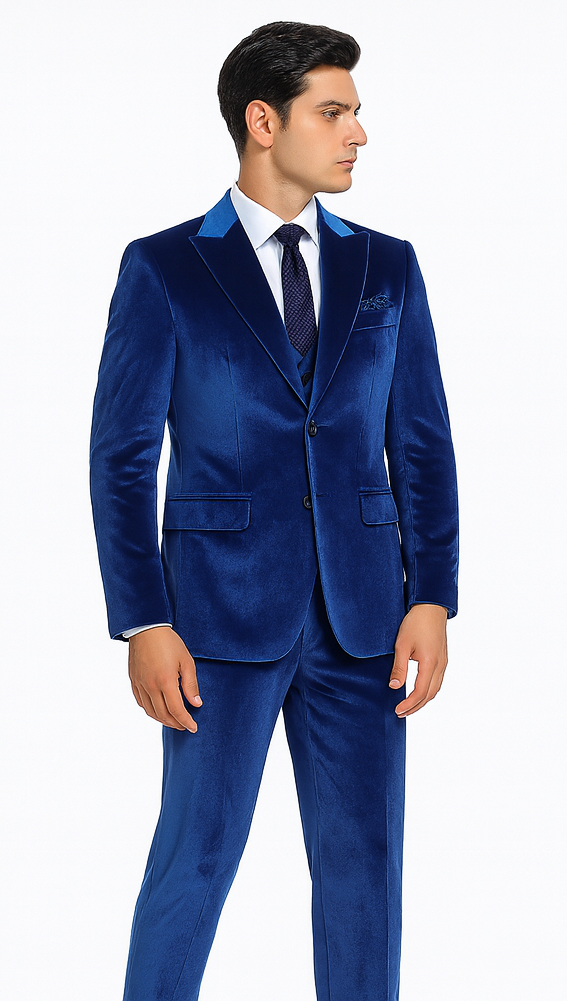 Royal blue velvet men's 2-piece suit. Slim fit blazer with notched lapels, matching tailored trousers. Smooth velvet fabric, rich color. Blazer: two front pockets, contrasting lapels. Formal and stylish.