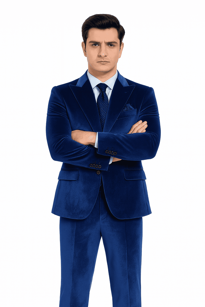Royal blue velvet designer suit. Two-piece formal set with a slim-fit blazer (notched lapels, button closure) and matching tailored trousers.
