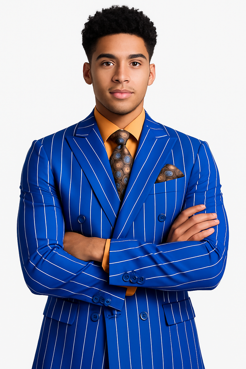 Mens Double Breasted Blazer Suit Jacket - Bold Pinstripe Sport Coat in Royal and White Pinstripe