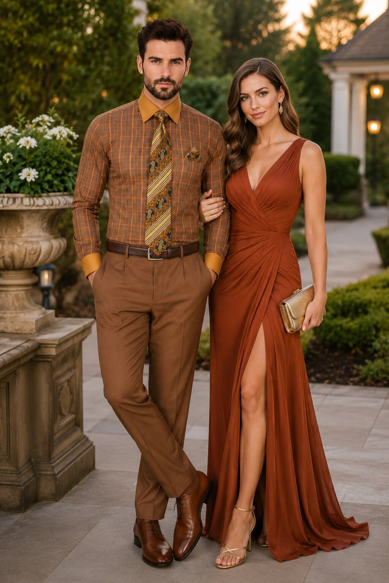 Mens Rust Tone on Tone Check Pattern Dress Shirt