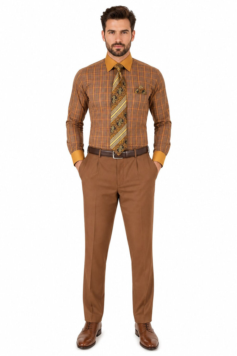 Mens Rust Tone on Tone Check Pattern Dress Shirt