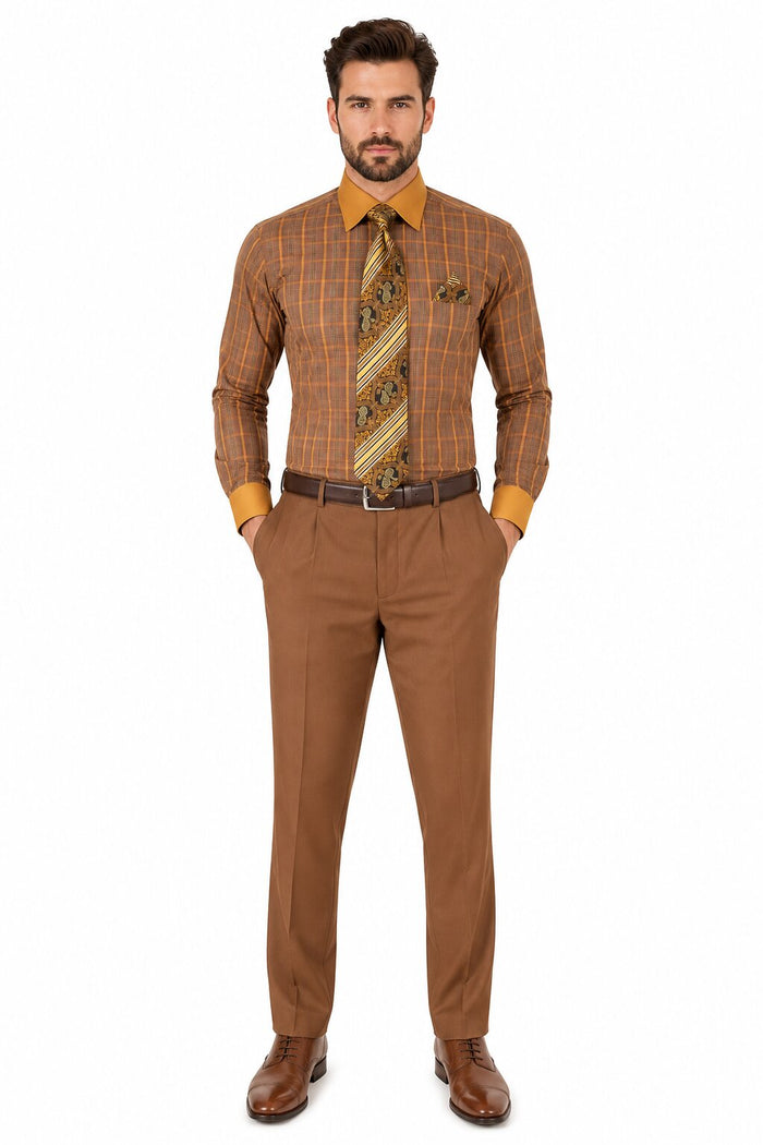 Mens Rust Tone on Tone Check Pattern Dress Shirt