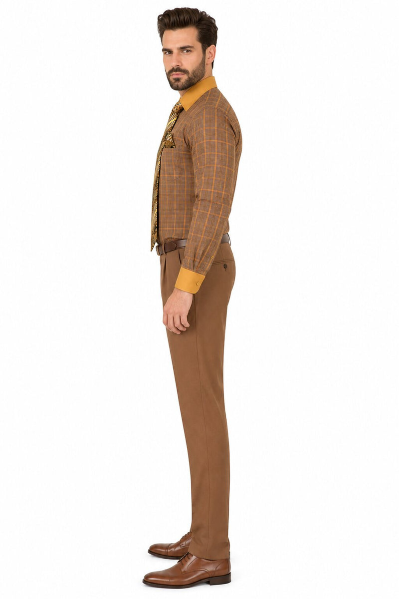Mens Rust Tone on Tone Check Pattern Dress Shirt