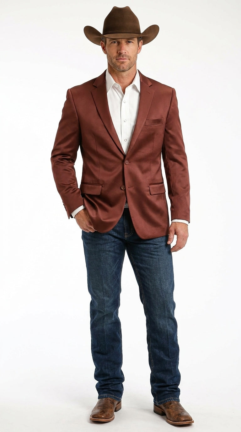 Mens Rust Light Brown Shiny Western Blazer – Cowboy Style Formal Sport Coat Jacket in Copper Color Slim Fitted