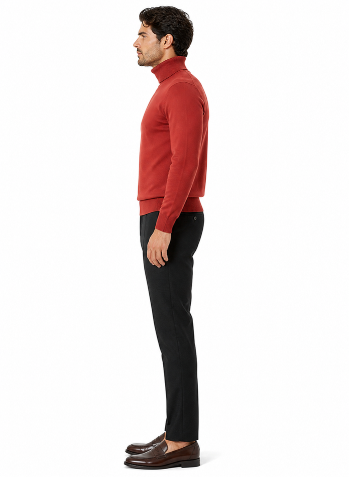 Mens Rust Red Turtleneck Sweater â€“ Slim fit Lightweight Knit Pullover in Brick Color