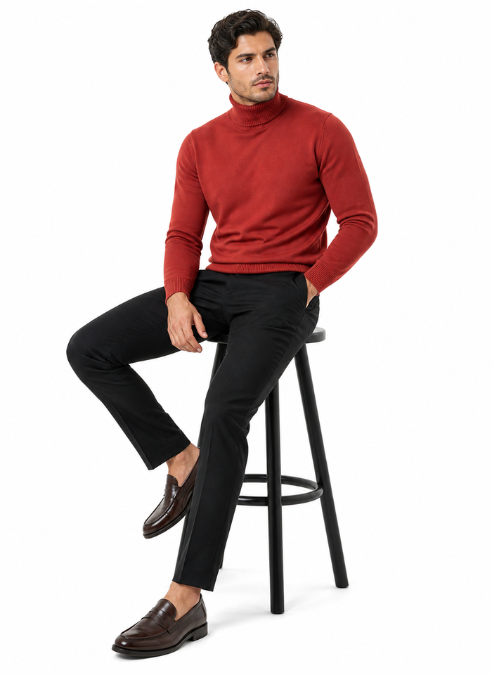 Mens Rust Red Turtleneck Sweater â€“ Slim fit Lightweight Knit Pullover in Brick Color