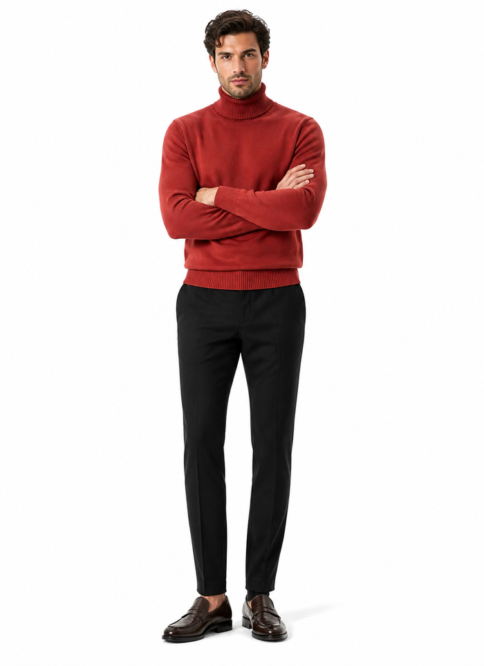 Mens Rust Red Turtleneck Sweater â€“ Slim fit Lightweight Knit Pullover in Brick Color