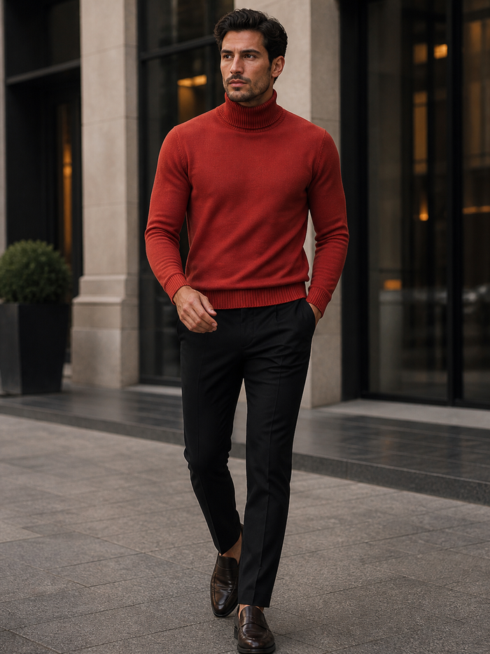 Mens Rust Red Turtleneck Sweater â€“ Slim fit Lightweight Knit Pullover in Brick Color