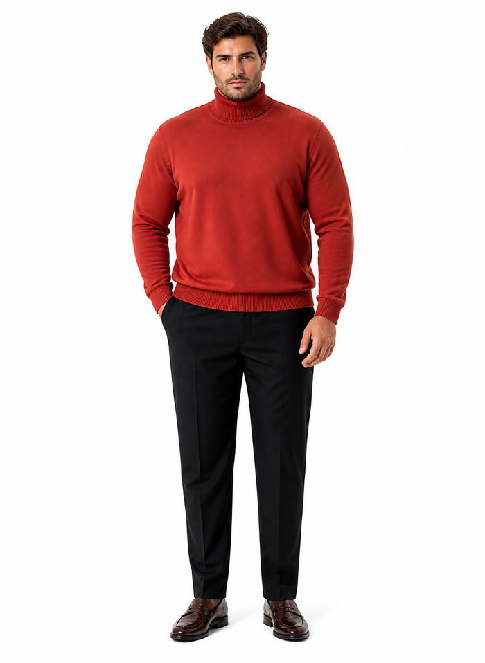Mens Rust Red Turtleneck Sweater â€“ Slim fit Lightweight Knit Pullover in Brick Color