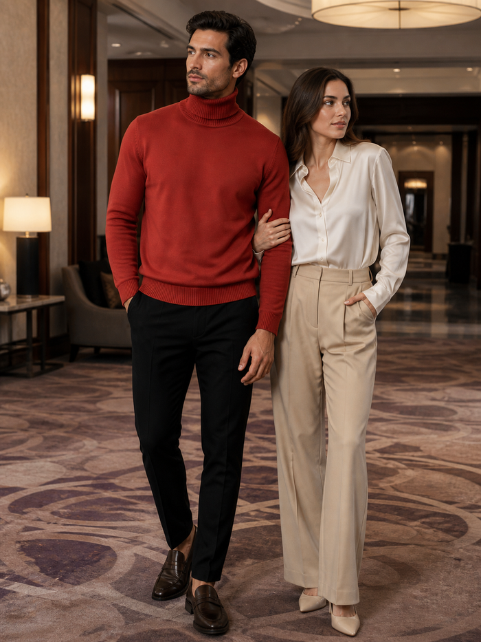 Mens Rust Red Turtleneck Sweater â€“ Slim fit Lightweight Knit Pullover in Brick Color