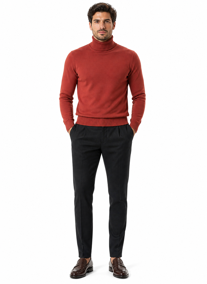Mens Rust Red Turtleneck Sweater â€“ Slim fit Lightweight Knit Pullover in Brick Color