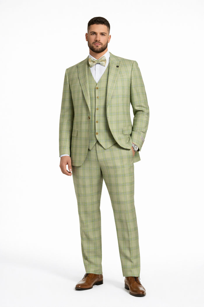 "Mens Stacy Adams Suit - Stacy Adams Men's Plaid Suit with Paisley Vest & Bow Tie - Sage Green"