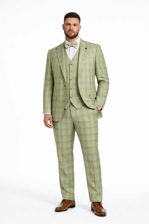 Mens Stacy Adams Suit - Stacy Adams Men's Plaid Suit with Paisley Vest & Bow Tie - Sage Green