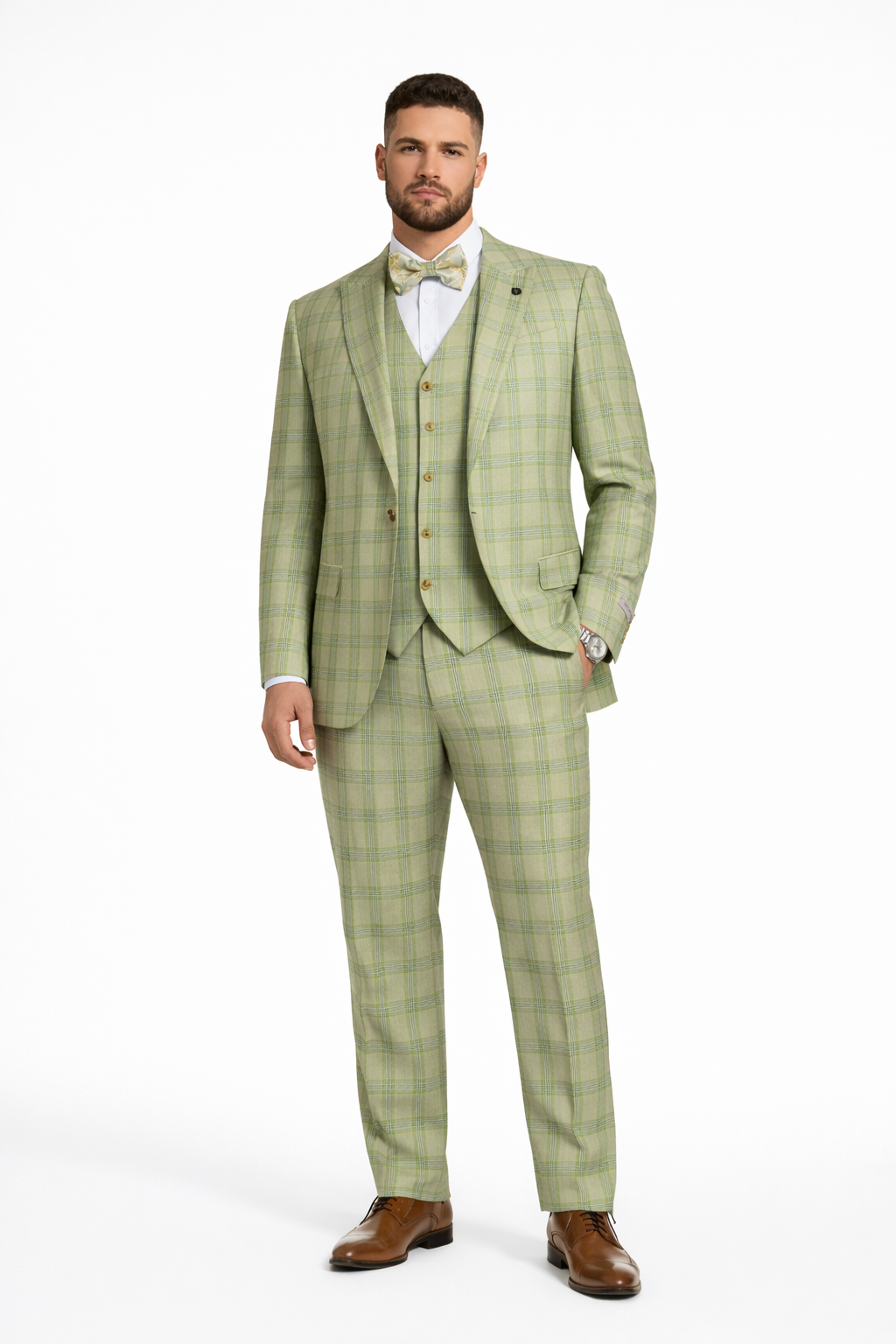 Mens Stacy Adams Suit - Stacy Adams Men's Plaid Suit with Paisley Vest & Bow Tie - Sage Green