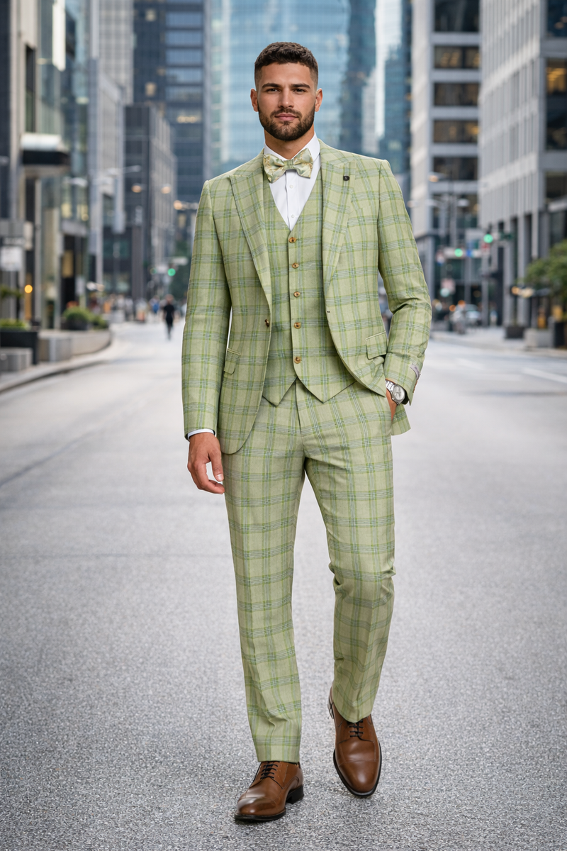 Mens Stacy Adams Suit - Stacy Adams Men's Plaid Suit with Paisley Vest & Bow Tie - Sage Green