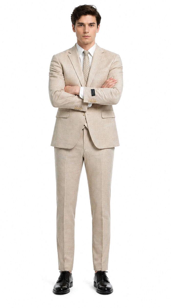 Mens Sand Beige 3 Piece Suit – Double breasted Vest Formal Suit Set  and Dress Pants in Champaign Natural Summer Color