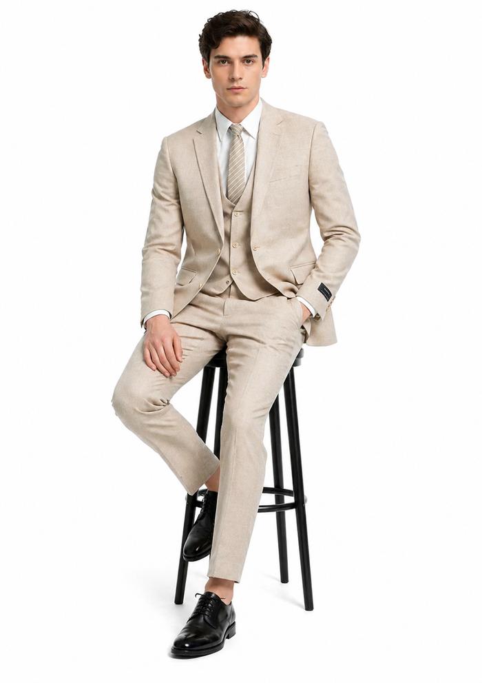 Mens Sand Beige 3 Piece Suit – Double breasted Vest Formal Suit Set  and Dress Pants in Champaign Natural Summer Color