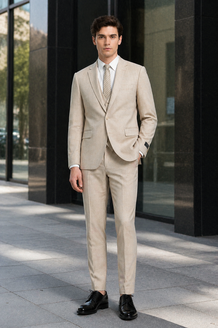 Mens Sand Beige 3 Piece Suit – Double breasted Vest Formal Suit Set  and Dress Pants in Champaign Natural Summer Color