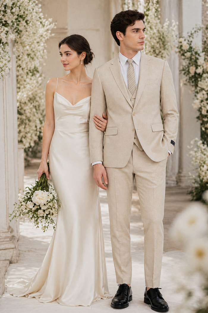Mens Sand Beige 3 Piece Suit – Double breasted Vest Formal Suit Set  and Dress Pants in Champaign Natural Summer Color