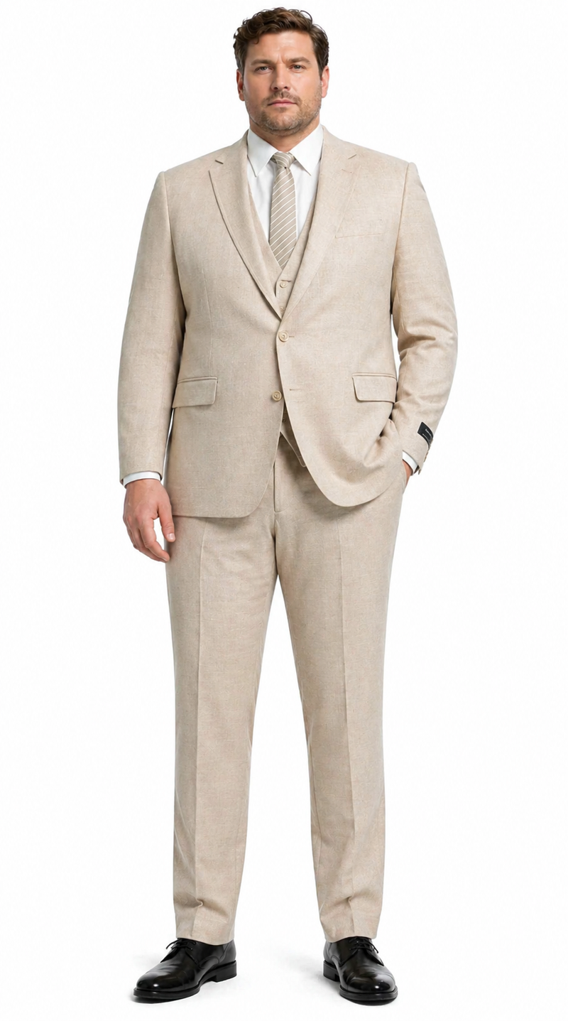 Mens Sand Beige 3 Piece Suit – Double breasted Vest Formal Suit Set  and Dress Pants in Champaign Natural Summer Color