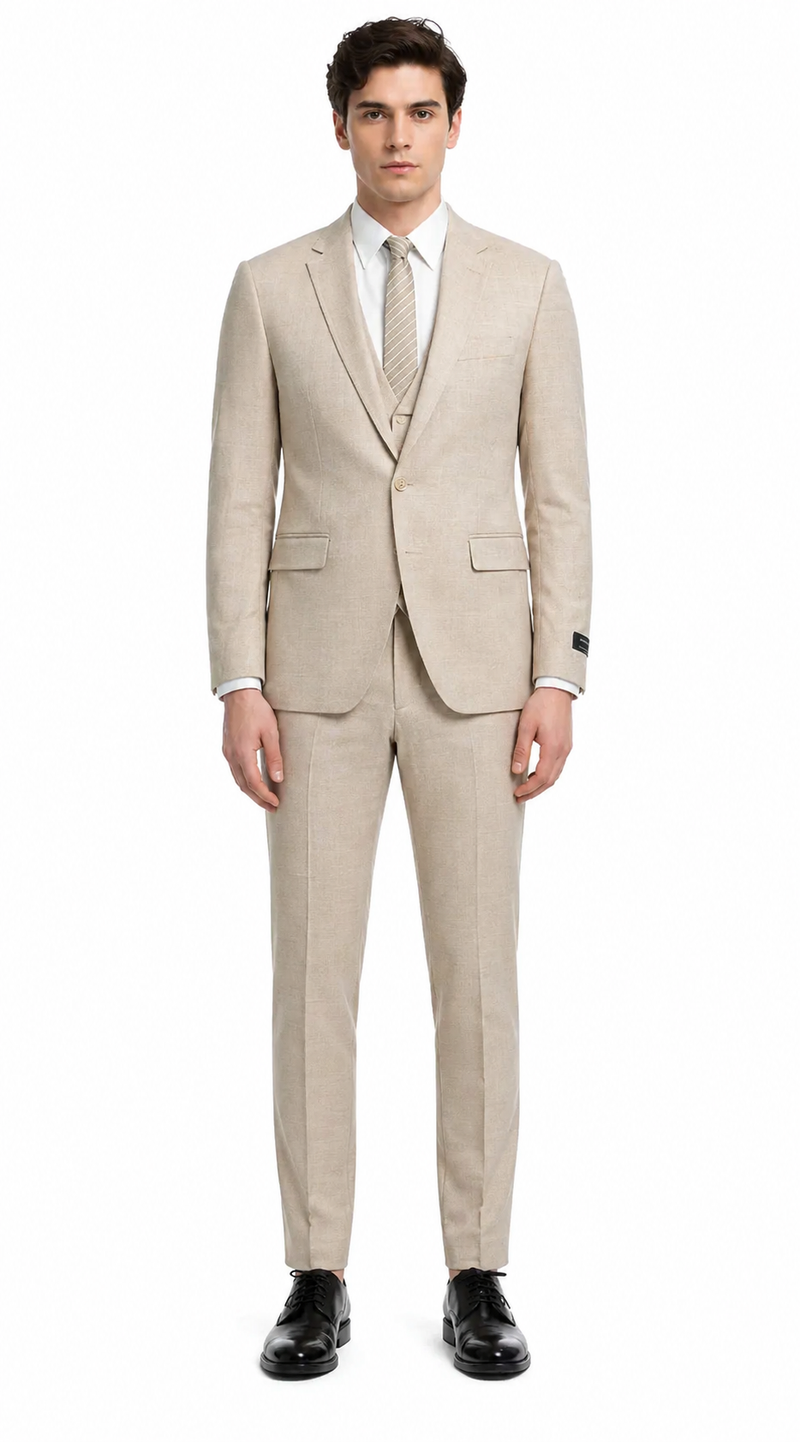 Mens Sand Beige 3 Piece Suit – Double breasted Vest Formal Suit Set  and Dress Pants in Champaign Natural Summer Color