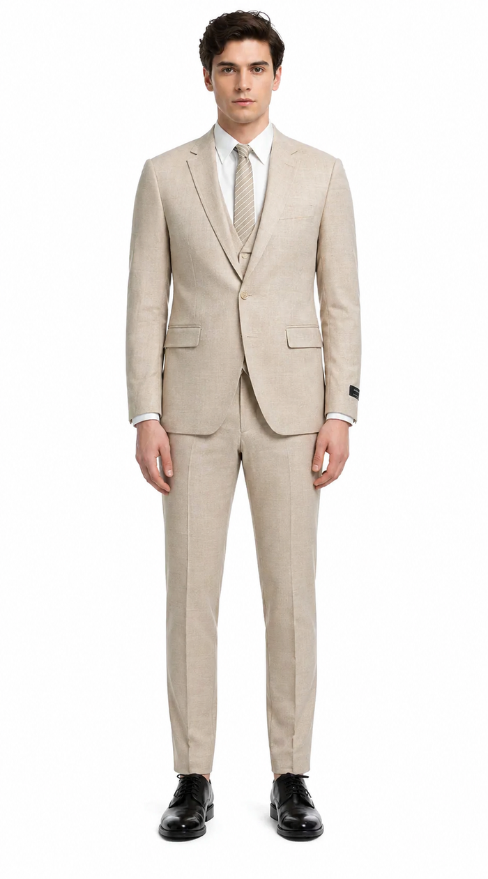 Mens Sand Beige 3 Piece Suit – Double breasted Vest Formal Suit Set  and Dress Pants in Champaign Natural Summer Color