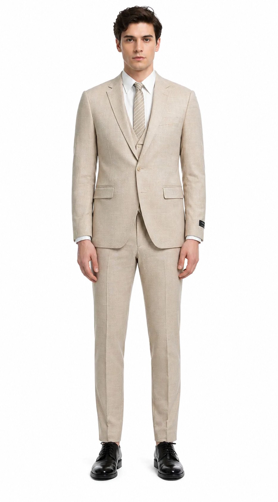 Mens Sand Beige 3 Piece Suit – Double breasted Vest Formal Suit Set  and Dress Pants in Champaign Natural Summer Color