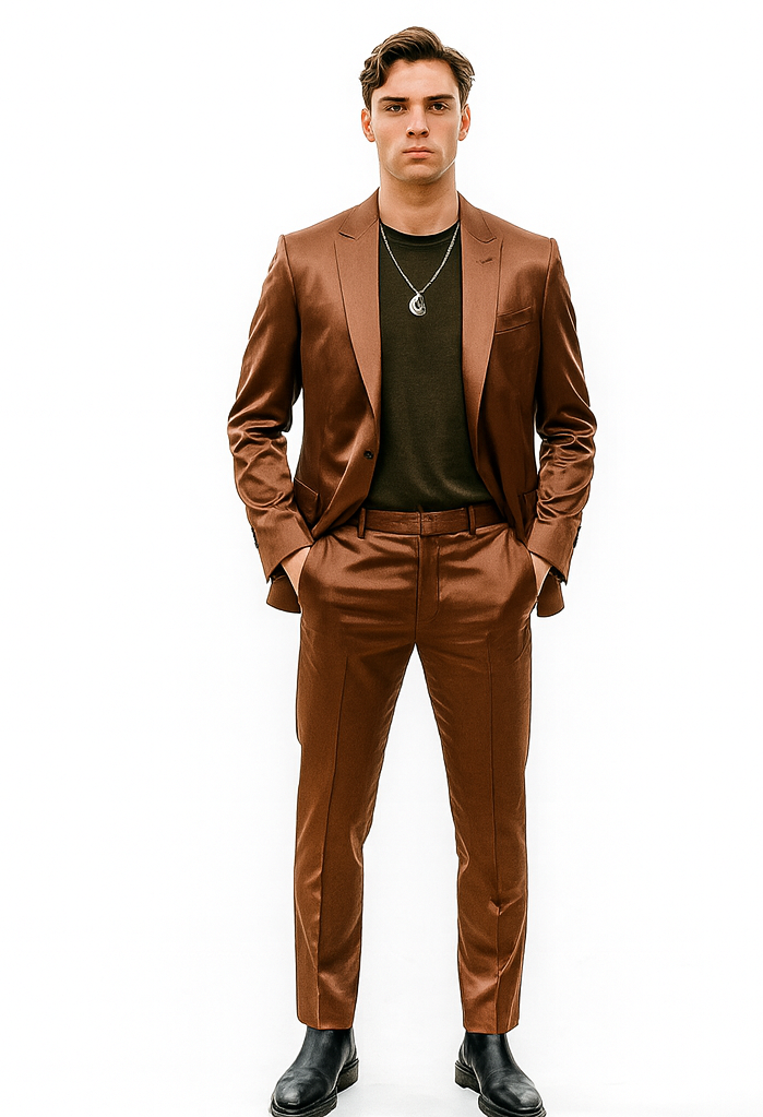 Mens Satin Suit -  Shiny Rust Copper Suit - Prom Suit