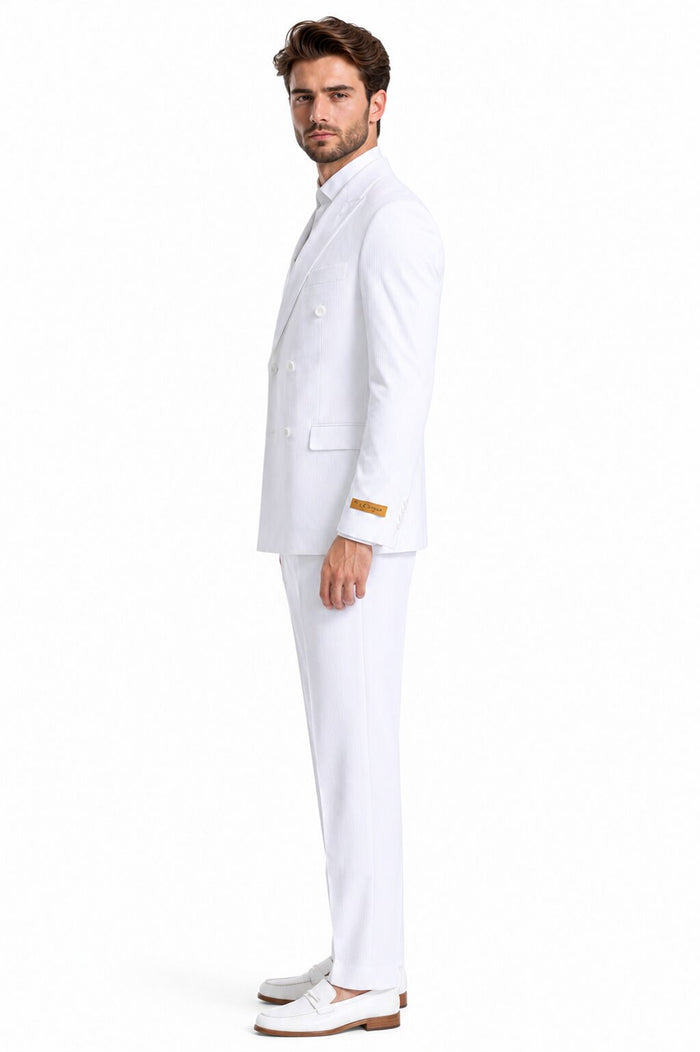 Mens Double Breasted Summer Seersucker Suit in White Pinstripe