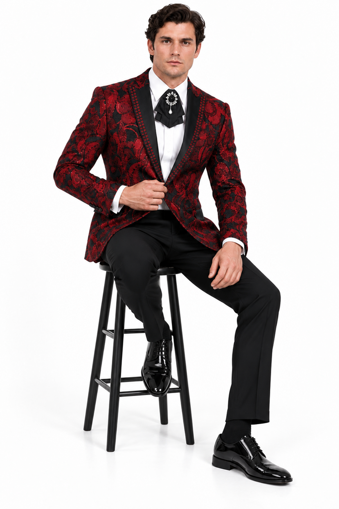 Mens Sequin Christmas Holiday Blazer – Luxury Party Jacket for New Year Jacket Sparkly Dinner Jacket in color "Burgundy Red & Black Floral"