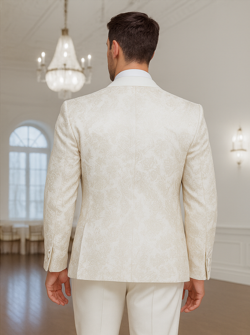 Mens Shawl Lapel Vested Wedding Prom Tuxedo in Ivory Off-white Gold Floral Paisley