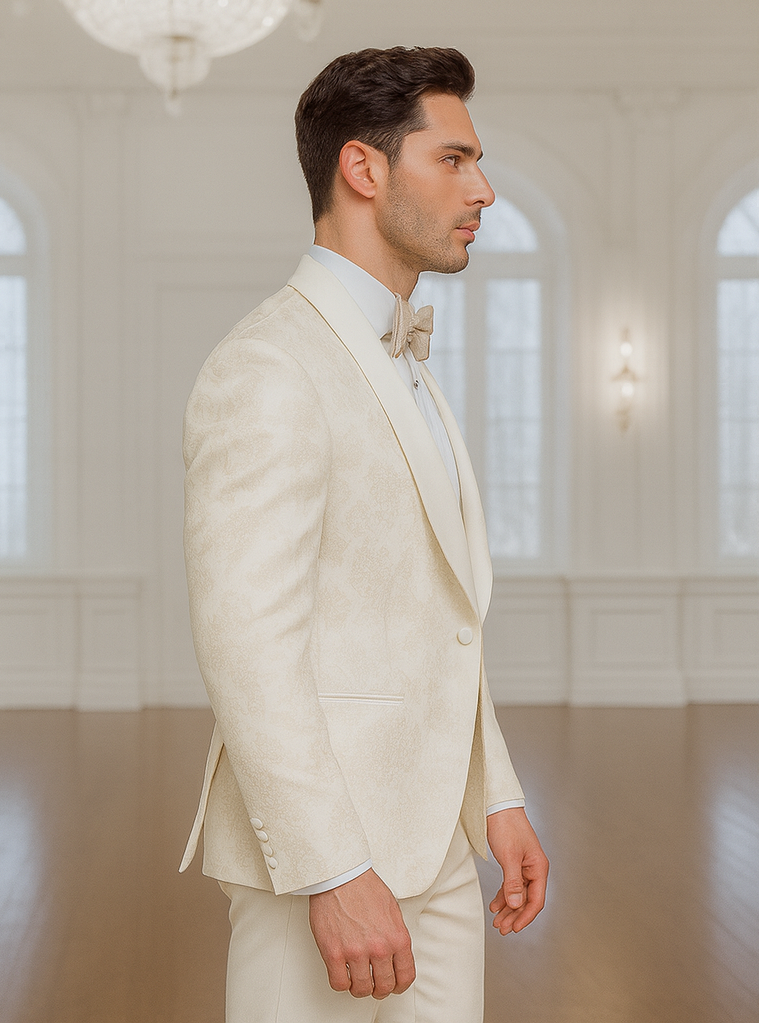 Mens Shawl Lapel Vested Wedding Prom Tuxedo in Ivory Off-white Gold Floral Paisley